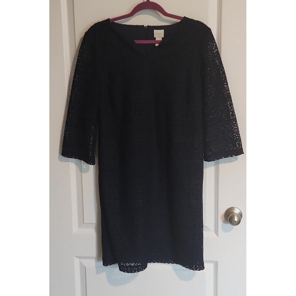 Chico's Lace Overlay Navy‎ Blue Dress 3/4 Sheer Lace Sleeve Sz 1 (8-10) Church